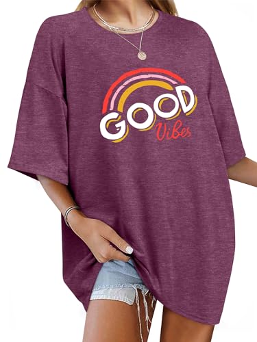 WIEIYM Damen Oversized Good Vibes Regenbogen T-Shirt Brief Gedruckt Tops Casual Tshirts Rundhals Kurzarm Teenager Mädchen Lässig Sommer Oberteile,Lila,L von WIEIYM
