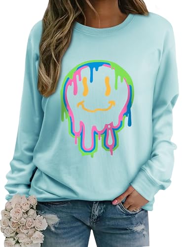 WIEIYM Damen Sweatshirt Drucken Langarm Rundhals Herbst Winter Langarmshirt Frauen Druck Locker Casual Oberteil Sport Streetwear Sweatshirts Tops Bluse,Celeste,S von WIEIYM