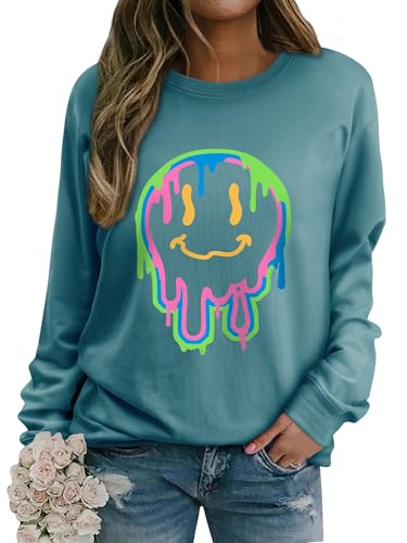 WIEIYM Damen Sweatshirt Drucken Langarm Rundhals Herbst Winter Langarmshirt Frauen Druck Locker Casual Oberteil Sport Streetwear Sweatshirts Tops Bluse,Cyanfarben,S von WIEIYM