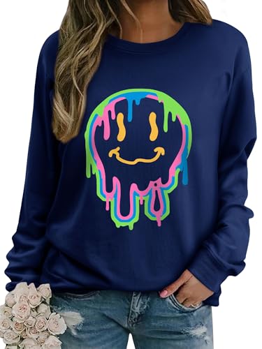 WIEIYM Damen Sweatshirt Drucken Langarm Rundhals Herbst Winter Langarmshirt Frauen Druck Locker Casual Oberteil Sport Streetwear Sweatshirts Tops Bluse,Dunkelblau,2XL von WIEIYM
