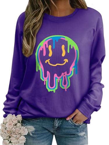 WIEIYM Damen Sweatshirt Drucken Langarm Rundhals Herbst Winter Langarmshirt Frauen Druck Locker Casual Oberteil Sport Streetwear Sweatshirts Tops Bluse,Dunkelviolett,S von WIEIYM