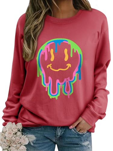WIEIYM Damen Sweatshirt Drucken Langarm Rundhals Herbst Winter Langarmshirt Frauen Druck Locker Casual Oberteil Sport Streetwear Sweatshirts Tops Bluse,Melonenrot,M von WIEIYM