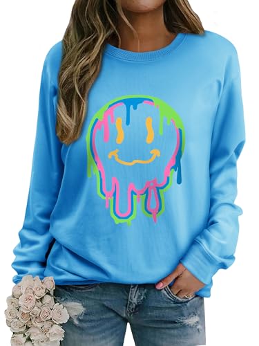 WIEIYM Damen Sweatshirt Drucken Langarm Rundhals Herbst Winter Langarmshirt Frauen Druck Locker Casual Oberteil Sport Streetwear Sweatshirts Tops Bluse,Picton Blau,XXL von WIEIYM