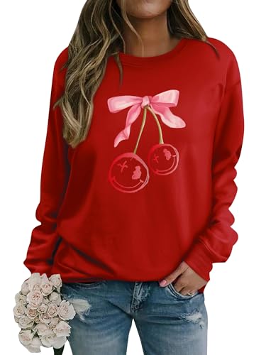 WIEIYM Damen Sweatshirt Drucken Pullover Herbst Winter Rundhals Bluse Tops Weihnacht Langarmshirt Puli Casual Christmas Sweat Oberteile,Rot,S von WIEIYM