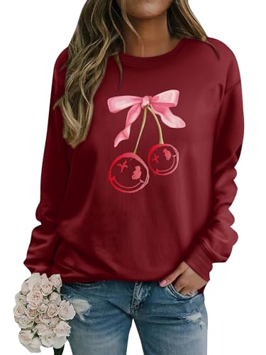 WIEIYM Damen Sweatshirt Drucken Pullover Herbst Winter Rundhals Bluse Tops Weihnacht Langarmshirt Puli Casual Christmas Sweat Oberteile,Weinrot,M von WIEIYM