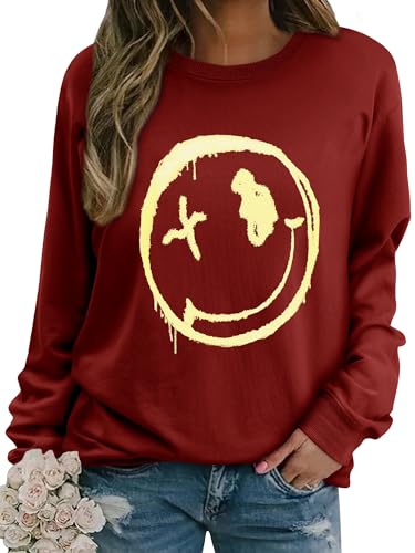 WIEIYM Damen Sweatshirt Langarmshirt Drucken Rundhals Pullover Herbst Winter Bluse Tops Weihnacht Pullover Casual Christmas Sweat Oberteile,Burgunderrot,M von WIEIYM