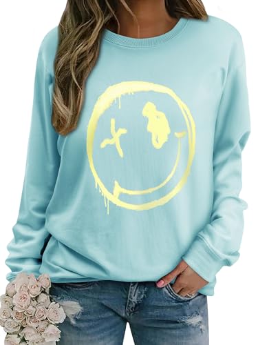 WIEIYM Damen Sweatshirt Langarmshirt Drucken Rundhals Pullover Herbst Winter Bluse Tops Weihnacht Pullover Casual Christmas Sweat Oberteile,Celeste,XXL von WIEIYM