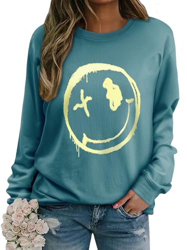 WIEIYM Damen Sweatshirt Langarmshirt Drucken Rundhals Pullover Herbst Winter Bluse Tops Weihnacht Pullover Casual Christmas Sweat Oberteile,Cyanfarben,S von WIEIYM
