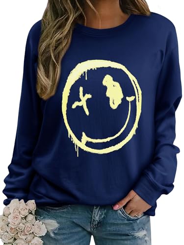 WIEIYM Damen Sweatshirt Langarmshirt Drucken Rundhals Pullover Herbst Winter Bluse Tops Weihnacht Pullover Casual Christmas Sweat Oberteile,Dunkelblau,2XL von WIEIYM