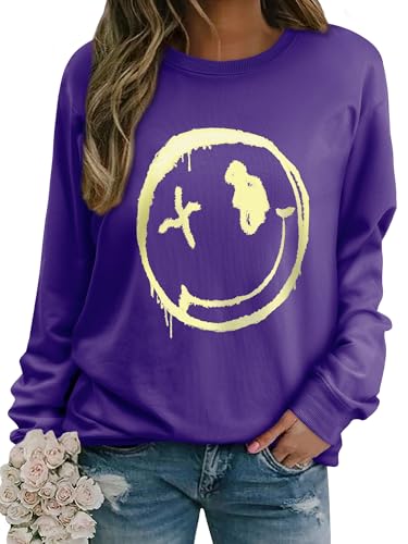 WIEIYM Damen Sweatshirt Langarmshirt Drucken Rundhals Pullover Herbst Winter Bluse Tops Weihnacht Pullover Casual Christmas Sweat Oberteile,Dunkelviolett,XL von WIEIYM