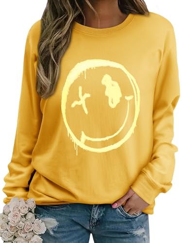 WIEIYM Damen Sweatshirt Langarmshirt Drucken Rundhals Pullover Herbst Winter Bluse Tops Weihnacht Pullover Casual Christmas Sweat Oberteile,Gelb,XL von WIEIYM