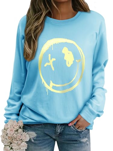 WIEIYM Damen Sweatshirt Langarmshirt Drucken Rundhals Pullover Herbst Winter Bluse Tops Weihnacht Pullover Casual Christmas Sweat Oberteile,Helles Himmelblau,M von WIEIYM
