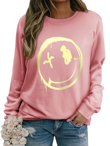 WIEIYM Damen Sweatshirt Langarmshirt Drucken Rundhals Pullover Herbst Winter Bluse Tops Weihnacht Pullover Casual Christmas Sweat Oberteile,Kirschblüte Rosa,XXL von WIEIYM
