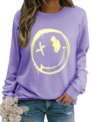 WIEIYM Damen Sweatshirt Langarmshirt Drucken Rundhals Pullover Herbst Winter Bluse Tops Weihnacht Pullover Casual Christmas Sweat Oberteile,Lavendel,S von WIEIYM