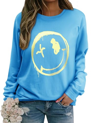 WIEIYM Damen Sweatshirt Langarmshirt Drucken Rundhals Pullover Herbst Winter Bluse Tops Weihnacht Pullover Casual Christmas Sweat Oberteile,Picton Blau,S von WIEIYM