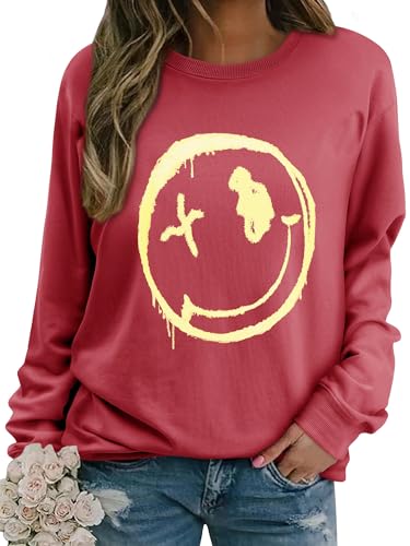 WIEIYM Damen Sweatshirt Langarmshirt Drucken Rundhals Pullover Herbst Winter Bluse Tops Weihnacht Pullover Casual Christmas Sweat Oberteile,Rot,S von WIEIYM