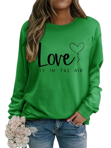 WIEIYM Damen Sweatshirt Rundhals Langarm Weihnachtspullover Love Brief Drucken Bluse Langarmshirt Pullover Baumwolle Pulli Herbst Winter Casual Tops Oberteile,Grasgrun,XL von WIEIYM