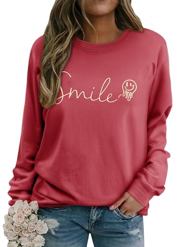 WIEIYM Damen Sweatshirts Smile Sweatshirt Baumwolle Grafik Rundhalsausschnitt Sweatshirt Lustige Langarm Tops Basic Pullover für Frühling Herbst Winter, rot, XXL WIEIYM Damen Sweatshirts Smile Sweatshirt Baumwolle Grafik Rundhalsausschnitt Sweatshirt Lustige Langarm Tops Basic Pullover für Frühling Herbst Winter, rot, XXL von WIEIYM