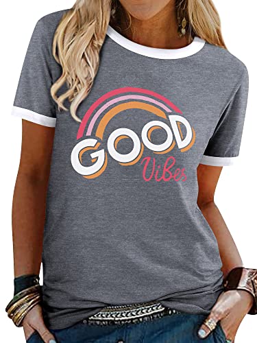 WIEIYM Damen T-Shirt Good Vibes Aufdruck Tshirt Kurzarm Rundhals Sommer Lässig Regenbogen Oberteile Bluse Tops(Hellgrau,S) von WIEIYM