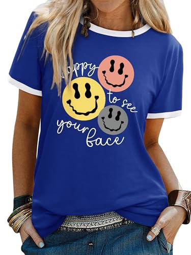 WIEIYM Damen-T-Shirts, Rundhalsausschnitt, kurzärmelig, lässig, Sommer, Tops, Smiley-Gesicht, bedruckte T-Shirts, Bluse, S-XXL, Königsblau1, XXL WIEIYM Damen-T-Shirts, Rundhalsausschnitt, kurzärmelig, lässig, Sommer, Tops, Smiley-Gesicht, bedruckte T-Shirts, Bluse, S-XXL, Königsblau1, XXL von WIEIYM