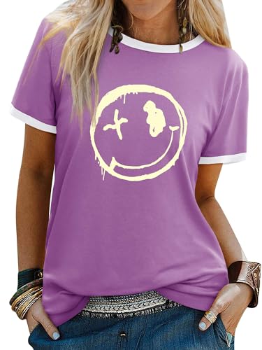 WIEIYM Damen-T-Shirts, Rundhalsausschnitt, kurzärmelig, lässig, Sommer, Tops, Smiley-Gesicht, bedruckte T-Shirts, Bluse, S-XXL, violett, S WIEIYM Damen-T-Shirts, Rundhalsausschnitt, kurzärmelig, lässig, Sommer, Tops, Smiley-Gesicht, bedruckte T-Shirts, Bluse, S-XXL, violett, S von WIEIYM