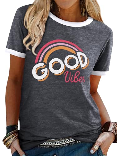 WIEIYM T Shirt Damen Good Vibes T-Shirt Kurzarm Rundhals Sommer Baumwollmischung Tshirt Tops(Dunkelgrau,L) von WIEIYM