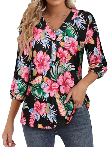 WIEIYM Hawaii Hemd Kurzarm Damen 3/4 Ärmel Bluse V-Ausschnitt Tunika Blumen Hemdbluse T-Shirt Tuniken Hawaiihemd Damen Blusenshirt Tops Strand Surf für Urlaub von WIEIYM