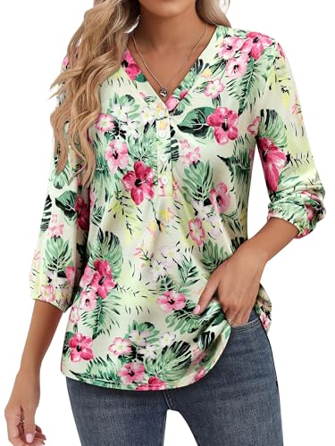 WIEIYM Hawaii Hemd Kurzarm Damen 3/4 Ärmel Bluse V-Ausschnitt Tunika Blumen Hemdbluse T-Shirt Tuniken Hawaiihemd Damen Blusenshirt Tops Strand Surf für Urlaub von WIEIYM