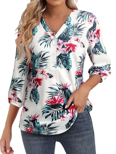 WIEIYM Hawaii Hemd Kurzarm Damen 3/4 Ärmel Bluse V-Ausschnitt Tunika Blumen Hemdbluse T-Shirt Tuniken Hawaiihemd Damen Blusenshirt Tops Strand Surf für Urlaub von WIEIYM