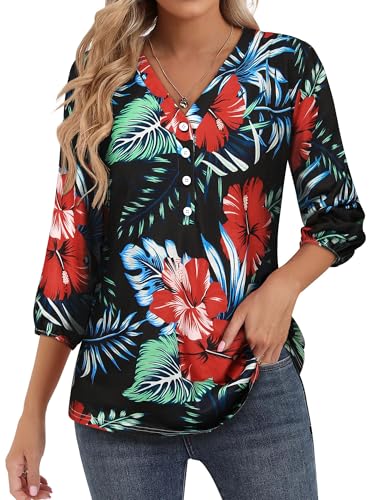 WIEIYM Hawaii Hemd Kurzarm Damen 3/4 Ärmel Bluse V-Ausschnitt Tunika Blumen Hemdbluse T-Shirt Tuniken Hawaiihemd Damen Blusenshirt Tops Strand Surf für Urlaub von WIEIYM
