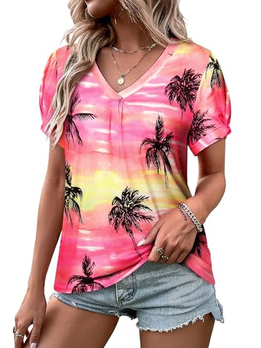 WIEIYM Hawaii Hemd Kurzarm Damen V-Ausschnitt Bluse Oberteile Elegant Hemdbluse T-Shirt Tuniken Hawaiihemd Damen Sommer Blusenshirt Tops Strand Surf für Urlaub,Heißes Rosa,XL von WIEIYM