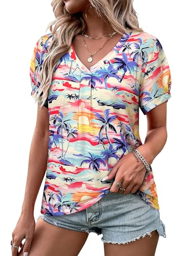 WIEIYM Hawaii Hemd Kurzarm Damen V-Ausschnitt Bluse Oberteile Elegant Hemdbluse T-Shirt Tuniken Hawaiihemd Damen Sommer Blusenshirt Tops Strand Surf für Urlaub,Multicolour,XXL von WIEIYM