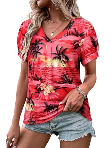 WIEIYM Hawaii Hemd Kurzarm Damen V-Ausschnitt Bluse Oberteile Elegant Hemdbluse T-Shirt Tuniken Hawaiihemd Damen Sommer Blusenshirt Tops Strand Surf für Urlaub,Rot,M von WIEIYM