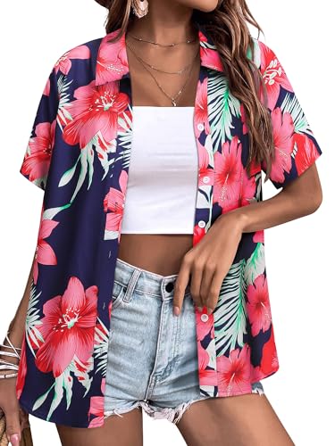 WIEIYM Hawaiihemd Damen Sommer Blusenshirt Button Down Oberteile Elegant Bluse Hawaii Hemd Kurzarm Hemdbluse T-Shirt Tuniken Tops Strand Surf für Urlaub von WIEIYM