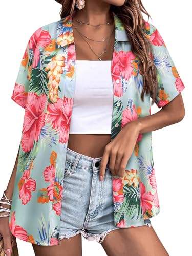 WIEIYM Hawaiihemd Damen Sommer Blusenshirt Button Down Oberteile Elegant Bluse Hawaii Hemd Kurzarm Hemdbluse T-Shirt Tuniken Tops Strand Surf für Urlaub von WIEIYM