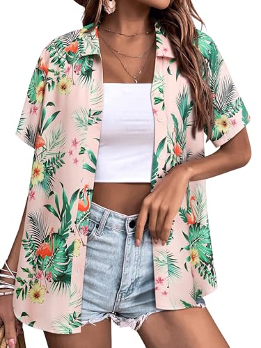 WIEIYM Hawaiihemd Damen Sommer Blusenshirt Button Down Oberteile Elegant Bluse Hawaii Hemd Kurzarm Hemdbluse T-Shirt Tuniken Tops Strand Surf für Urlaub von WIEIYM