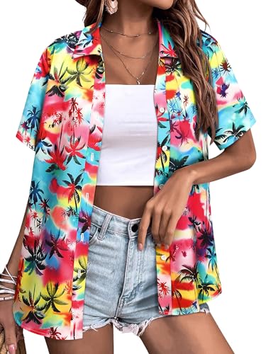 WIEIYM Hawaiihemd Damen Sommer Blusenshirt Button Down Oberteile Elegant Bluse Hawaii Hemd Kurzarm Hemdbluse T-Shirt Tuniken Tops Strand Surf für Urlaub von WIEIYM