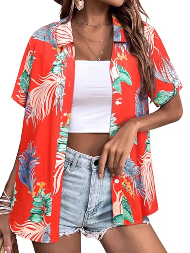 WIEIYM Hawaiihemd Damen Sommer Blusenshirt Button Down Oberteile Elegant Bluse Hawaii Hemd Kurzarm Hemdbluse T-Shirt Tuniken Tops Strand Surf für Urlaub von WIEIYM