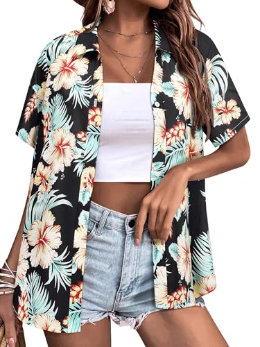 WIEIYM Hawaiihemd Damen Sommer Blusenshirt Button Down Oberteile Elegant Bluse Hawaii Hemd Kurzarm Hemdbluse T-Shirt Tuniken Tops Strand Surf für Urlaub von WIEIYM