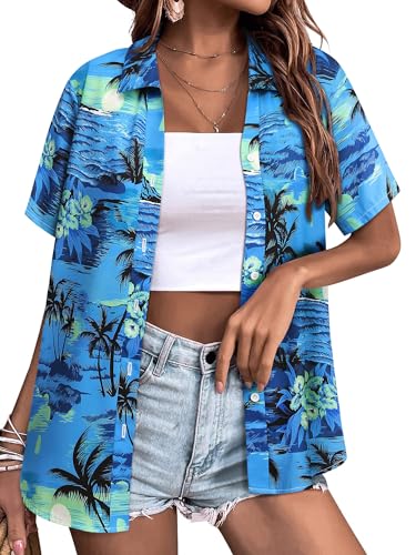 WIEIYM Hawaiihemd Damen Sommer Blusenshirt Button Down Oberteile Elegant Bluse Hawaii Hemd Kurzarm Hemdbluse T-Shirt Tuniken Tops Strand Surf für Urlaub von WIEIYM
