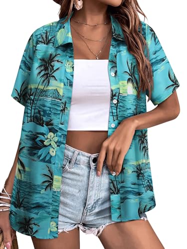 WIEIYM Hawaiihemd Damen Sommer Blusenshirt Button Down Oberteile Elegant Bluse Hawaii Hemd Kurzarm Hemdbluse T-Shirt Tuniken Tops Strand Surf für Urlaub von WIEIYM