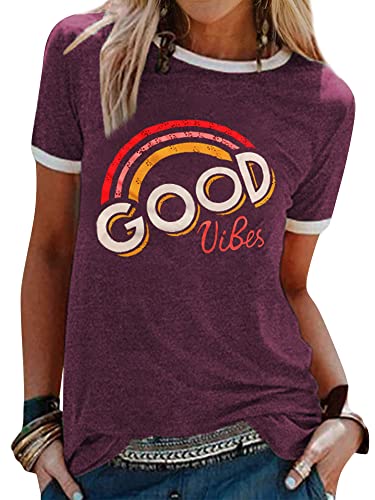 WIEIYM Oberteile Damen Sommer Good Vibes Aufdruck T-Shirts Casual Rundhals Kurzarm T Shirt Top(Burgundy, XL) von WIEIYM