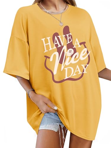 WIEIYM Oversize Tshirt Damen Rundhals T-Shirts Sommer Kurzarm Lose Tops Shirt Oberteile Frauen Gedruckt Lässig Oberteile Bluse,aa-GelbL von WIEIYM