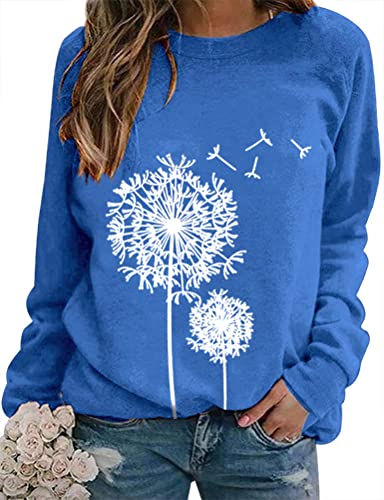 WIEIYM Pullover Damen Löwenzahn Drucken Oberteile Elegant Rundhals Langarmshirts Basic Sweatshirt Bluse Tops(Blau, XL von WIEIYM