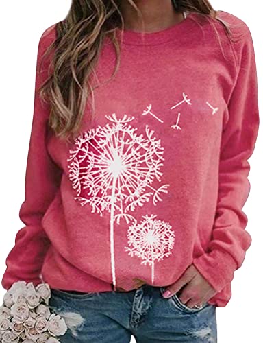 WIEIYM Pullover Damen Löwenzahn Drucken Oberteile Elegant Rundhals Langarmshirts Basic Sweatshirt Bluse Tops(Rot, XL von WIEIYM