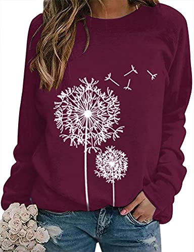 WIEIYM Pullover Damen Löwenzahn Drucken Oberteile Elegant Rundhals Langarmshirts Basic Sweatshirt Bluse Tops(violett, XL von WIEIYM