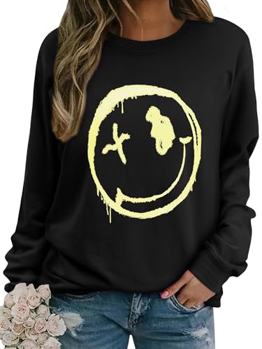 WIEIYM Damen-Sweatshirt, Smiley-Gesicht, Rundhalsausschnitt, langärmelig, Grafikdruck, Basic-Top, lässiger Pullover, S-XXL, Schwarz, Schwarz von WIEIYM