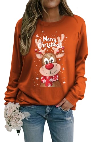 WIEIYM Sweatshirt Weihnachts Langarmshirt Druck Rundhals Pullover Partytop Herbst Winter Langarm BluseTops Stretchy Leichte Sweatshirts Basic Bequem Oberteil,B-Caramel,XL von WIEIYM