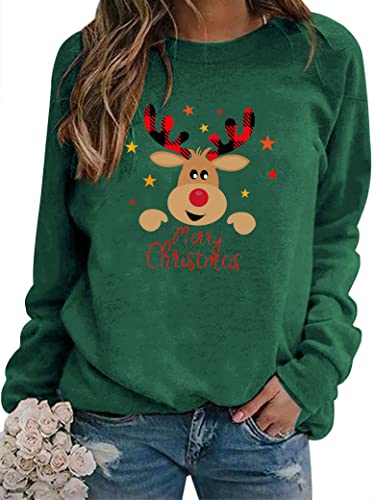 WIEIYM Sweatshirt Weihnachts Langarmshirt Druck Rundhals Pullover Partytop Herbst Winter Langarm BluseTops Stretchy Leichte Sweatshirts Basic Bequem Oberteil,Grün,S von WIEIYM
