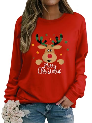 WIEIYM Sweatshirt Weihnachts Langarmshirt Druck Rundhals Pullover Partytop Herbst Winter Langarm BluseTops Stretchy Leichte Sweatshirts Basic Bequem Oberteil,Rot,S von WIEIYM